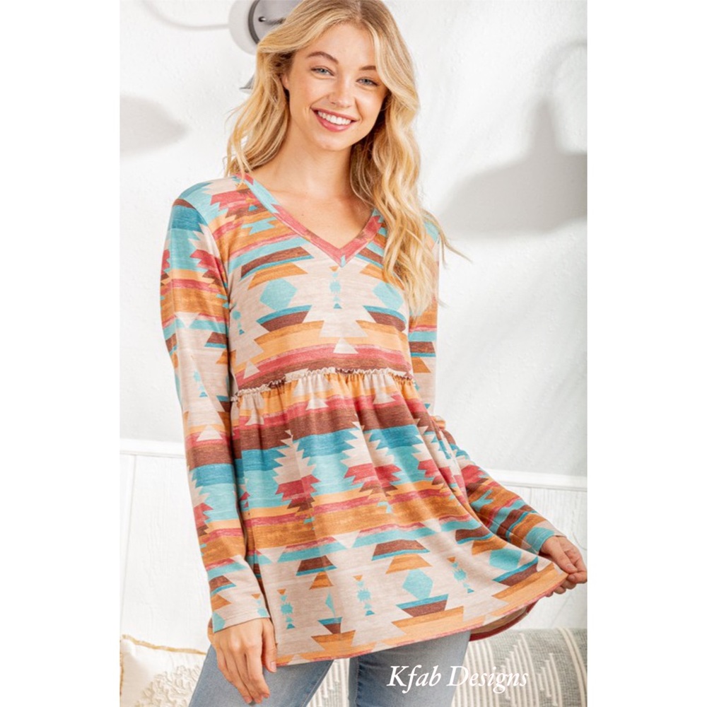 ❤️LAST 2! V Neck Ruffle Detail Aztec Print Top! - Picture 2 of 11